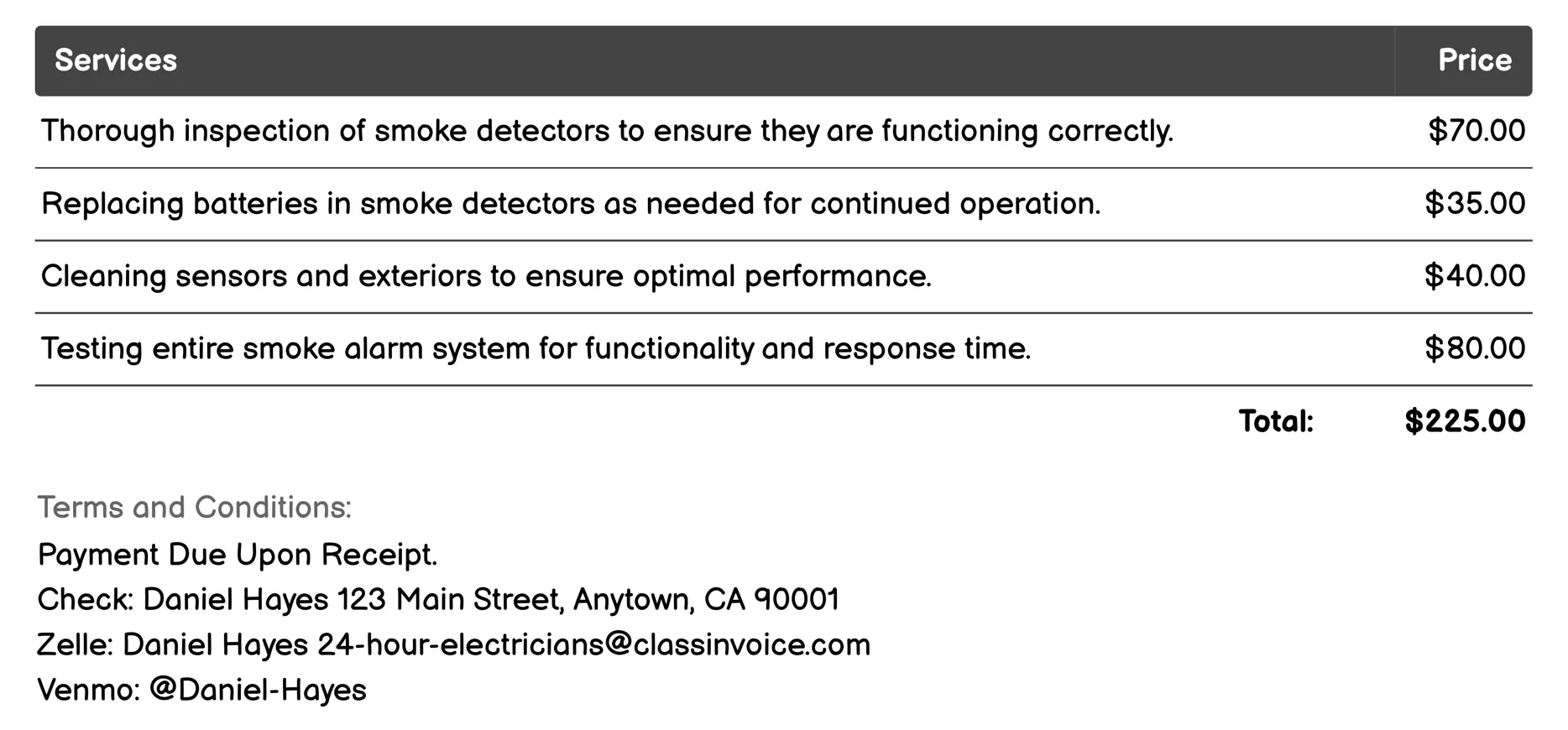 Smoke Detector and Alarms Maintenance Invoice Example