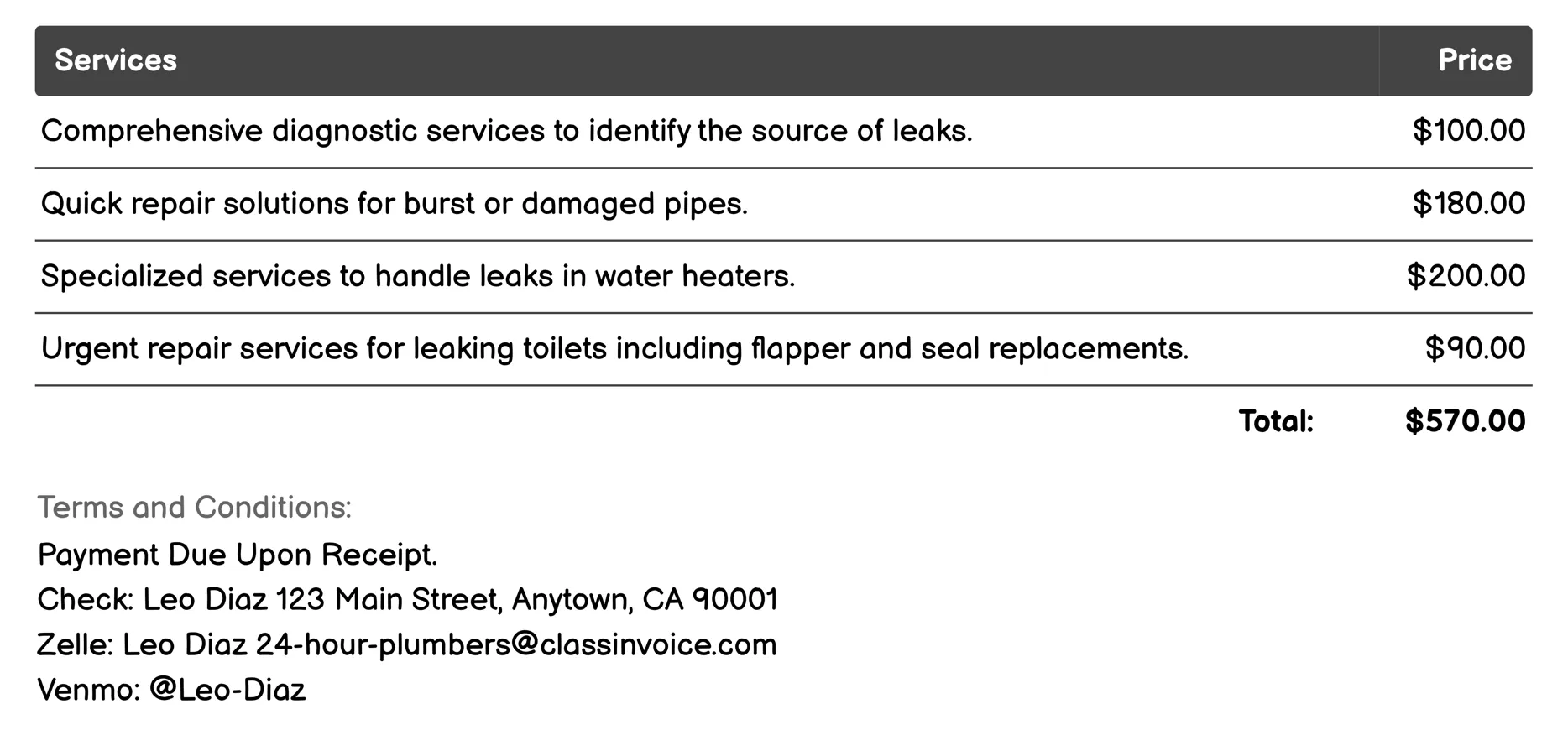 Emergency Leak Repair Invoice Example