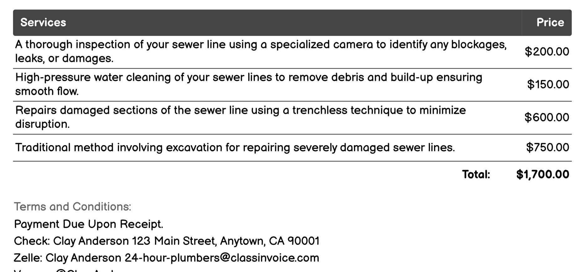 Sewer Line Inspection and Repair Invoice Example