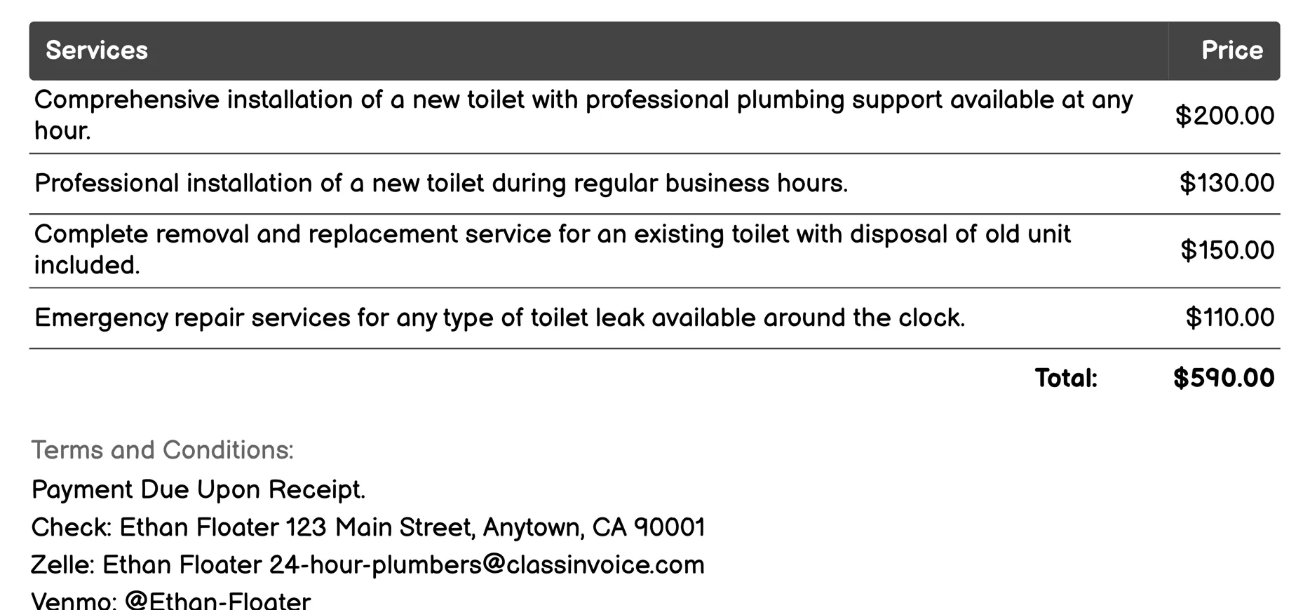 Toilet Installation and Repair Invoice Example