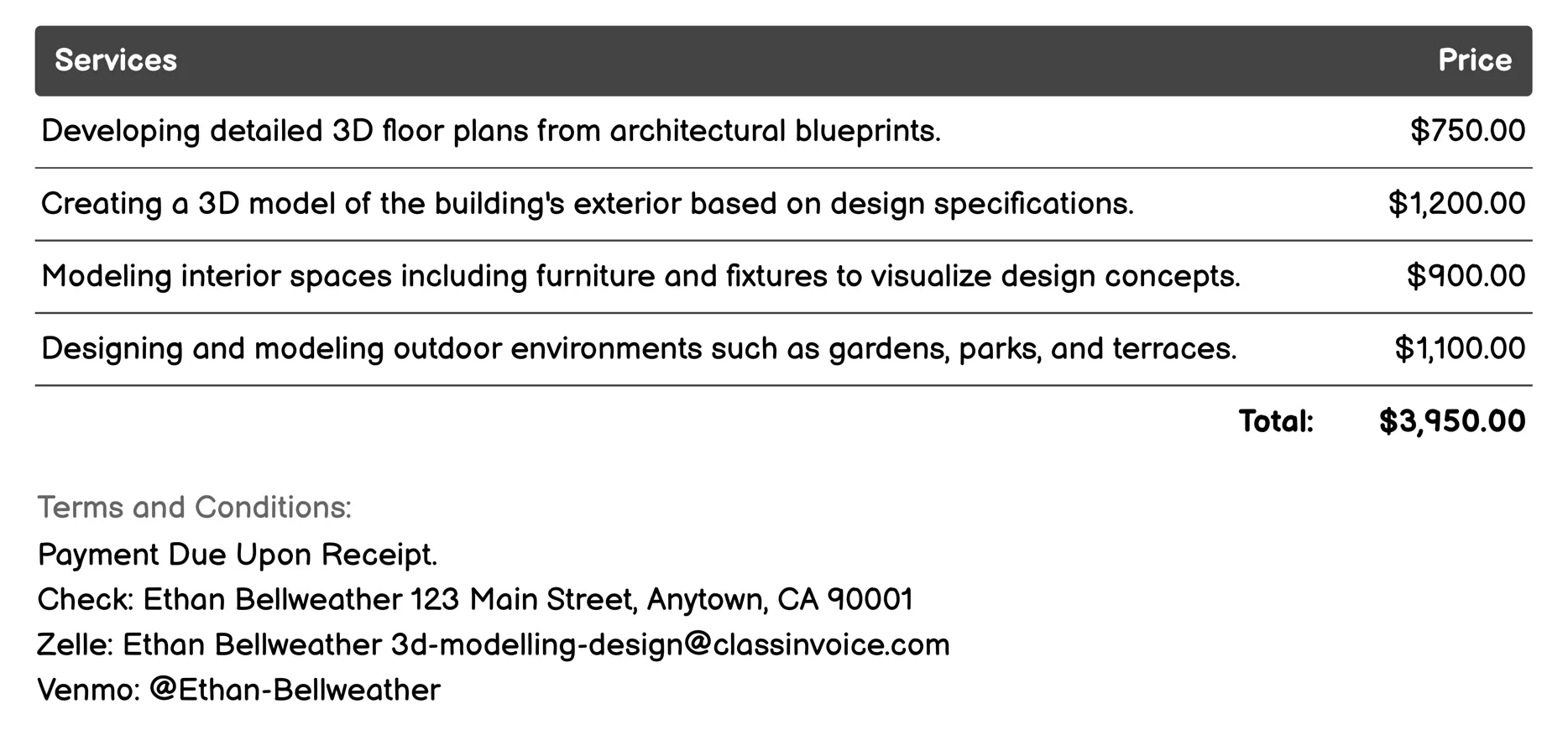 Architectural Visualization Invoice Example