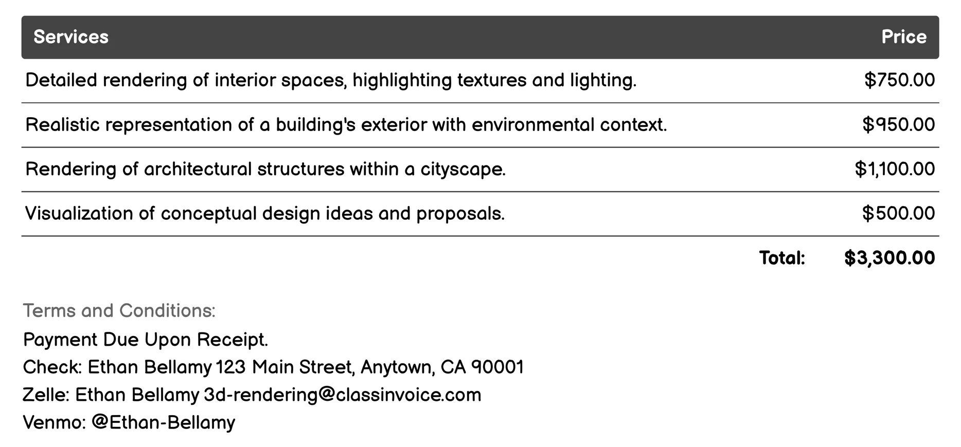 Architectural Visualization Invoice Example