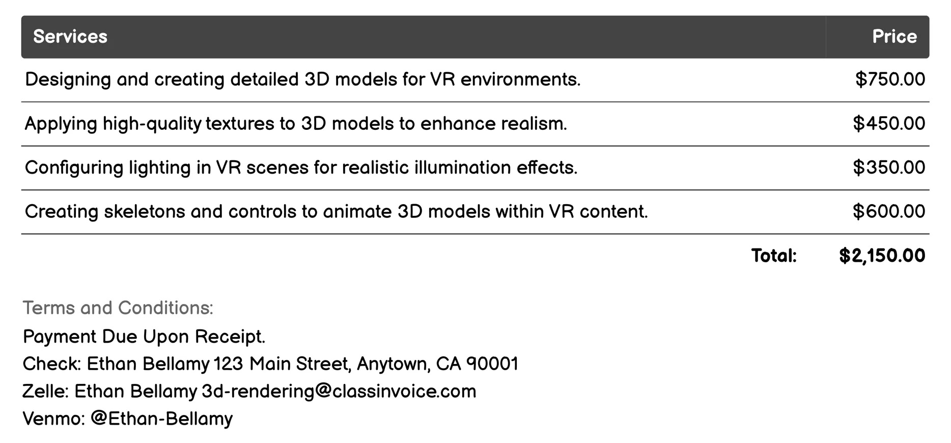 Virtual Reality Content Creation Invoice Example