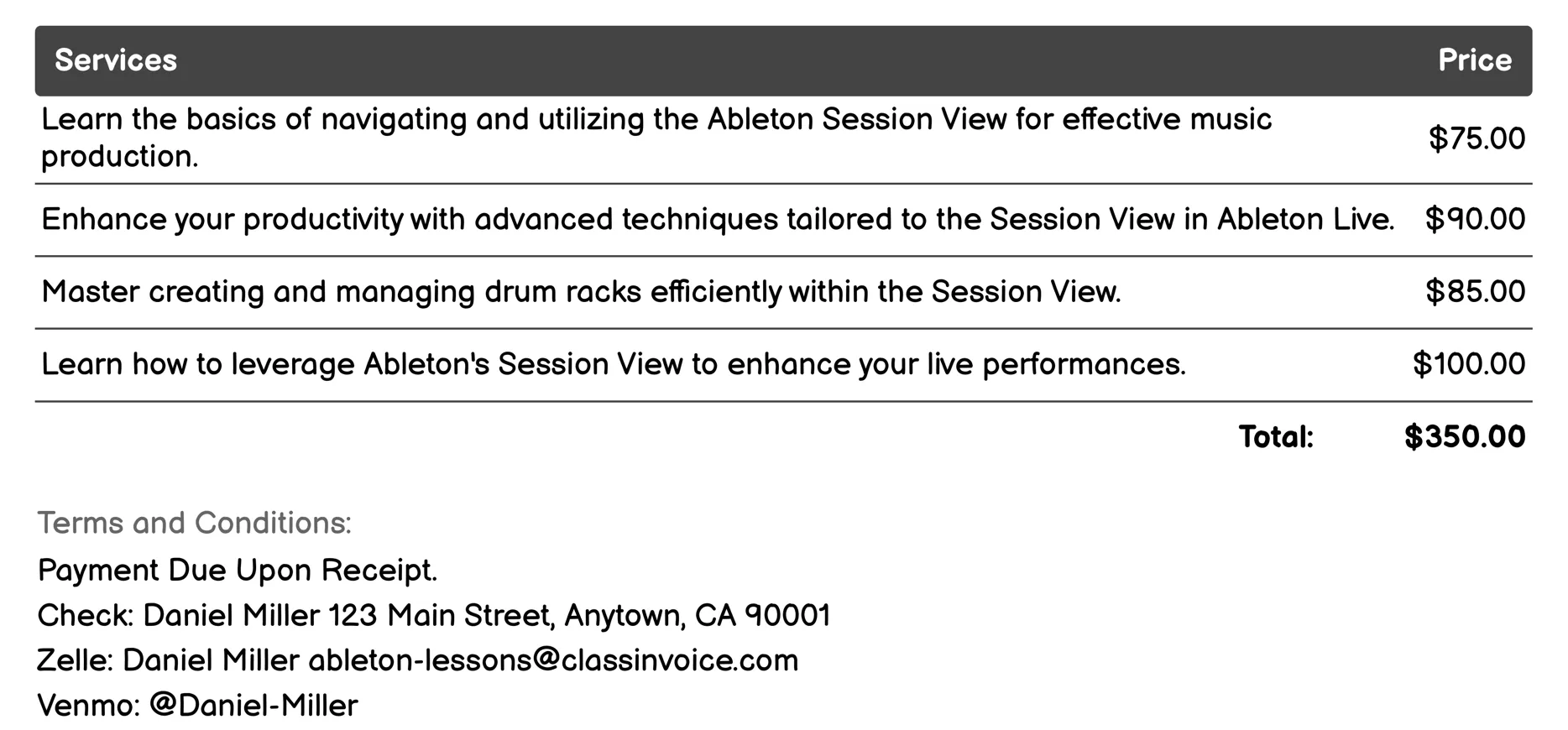 Ableton Session View Mastery Invoice Example