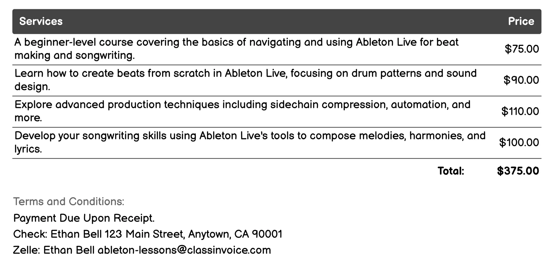 Beat Making and Songwriting Invoice Example