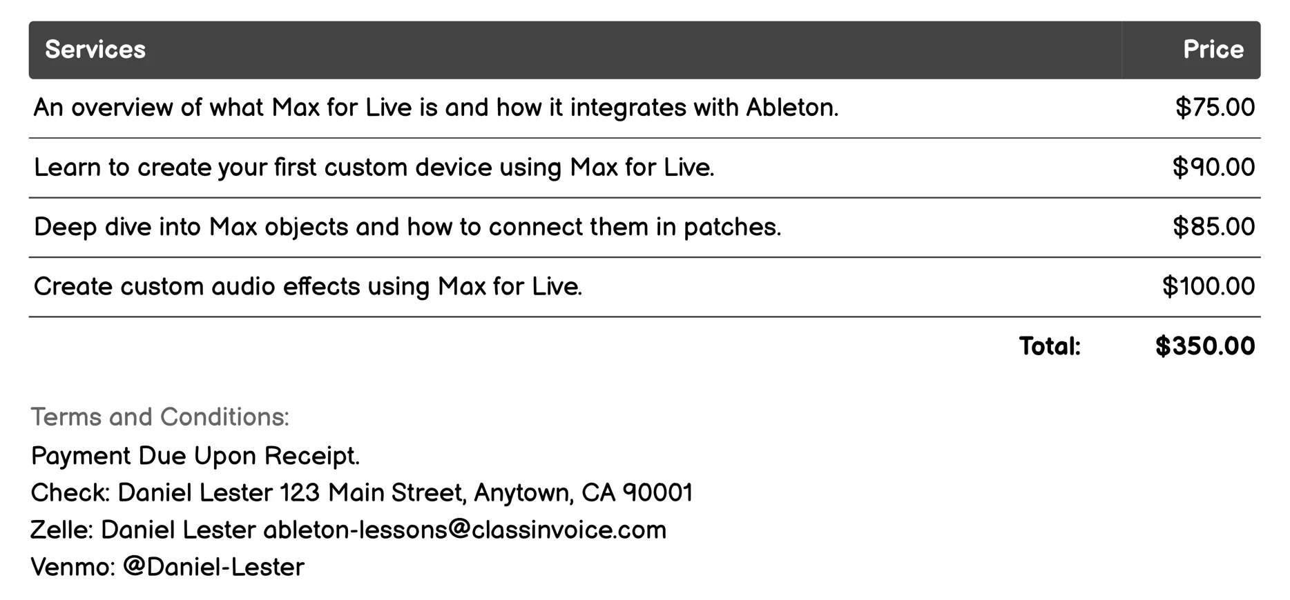Using Max for Live Invoice Example