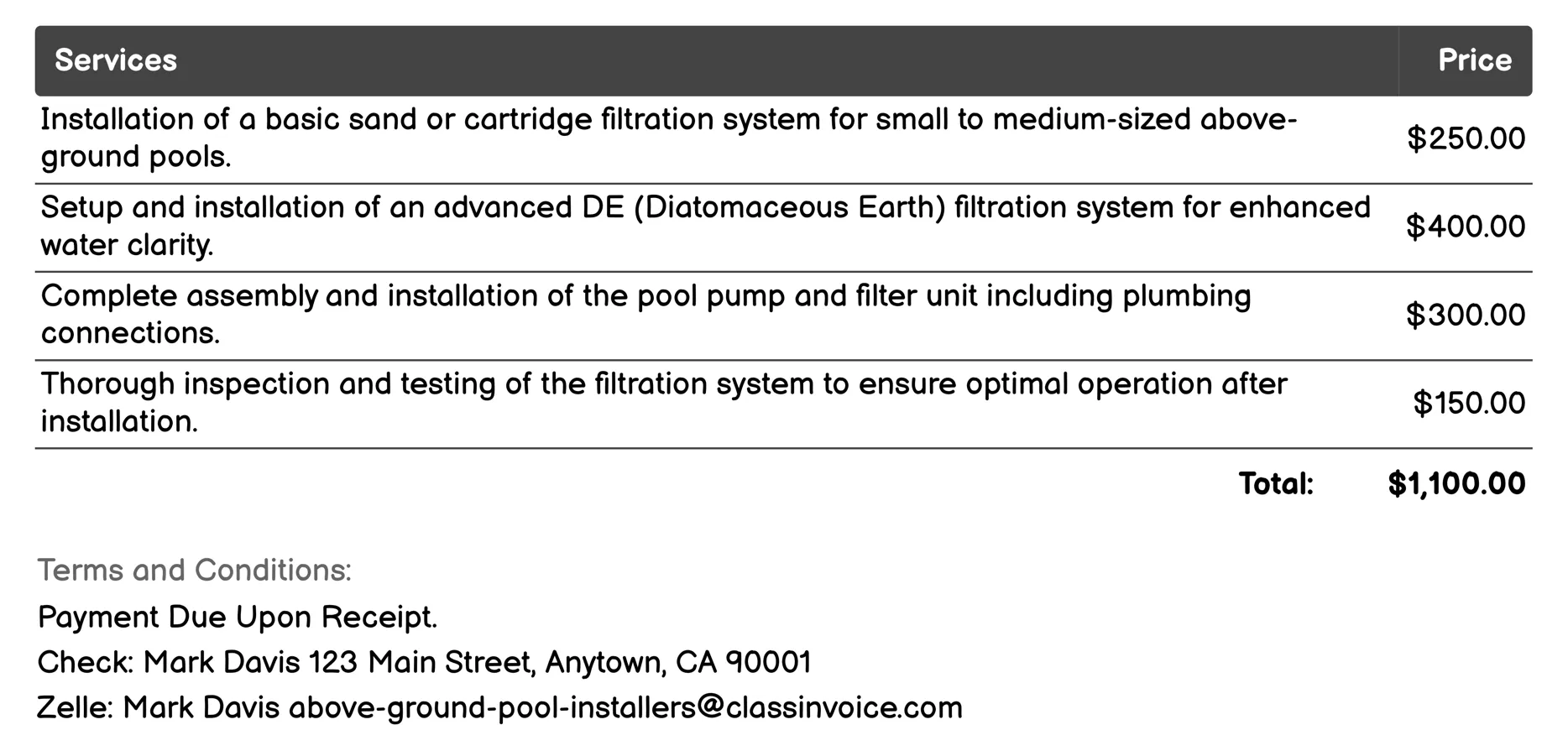 Filtration System Setup Invoice Example
