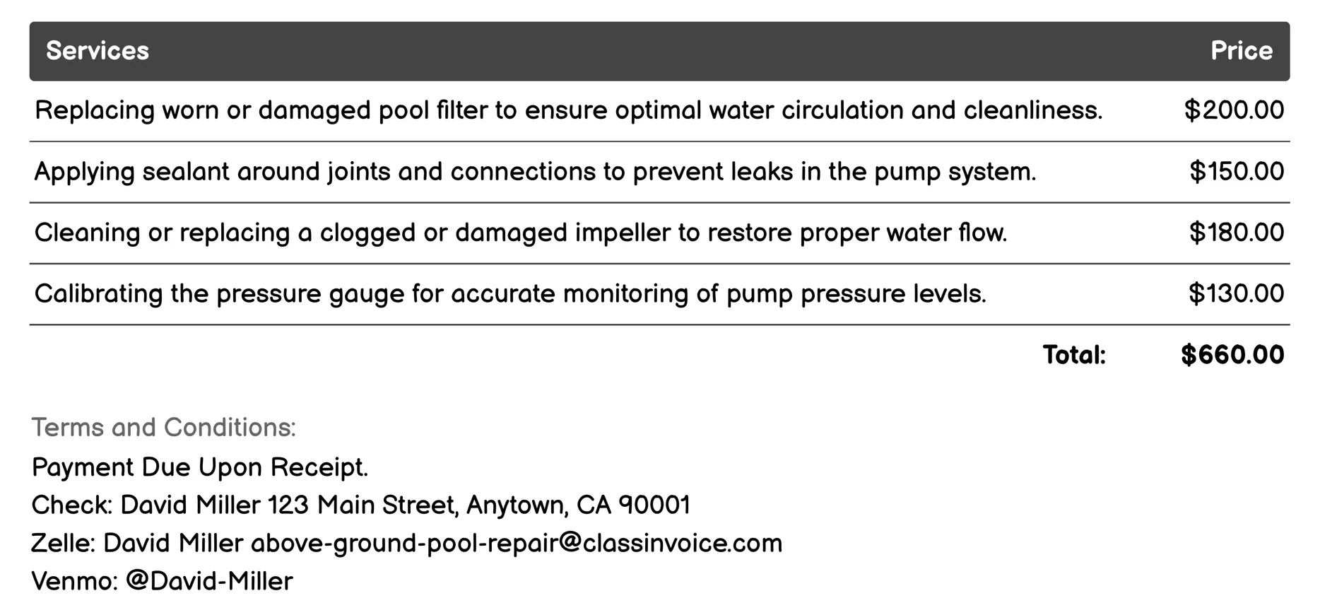 Pump Repair Invoice Example