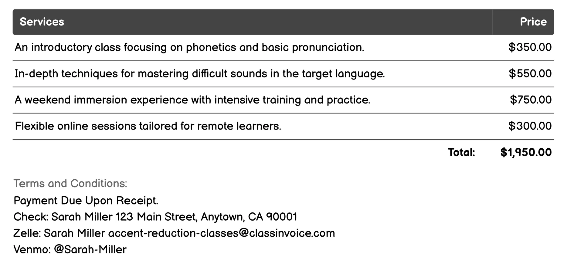 Cultural Immersion Programs Invoice Example