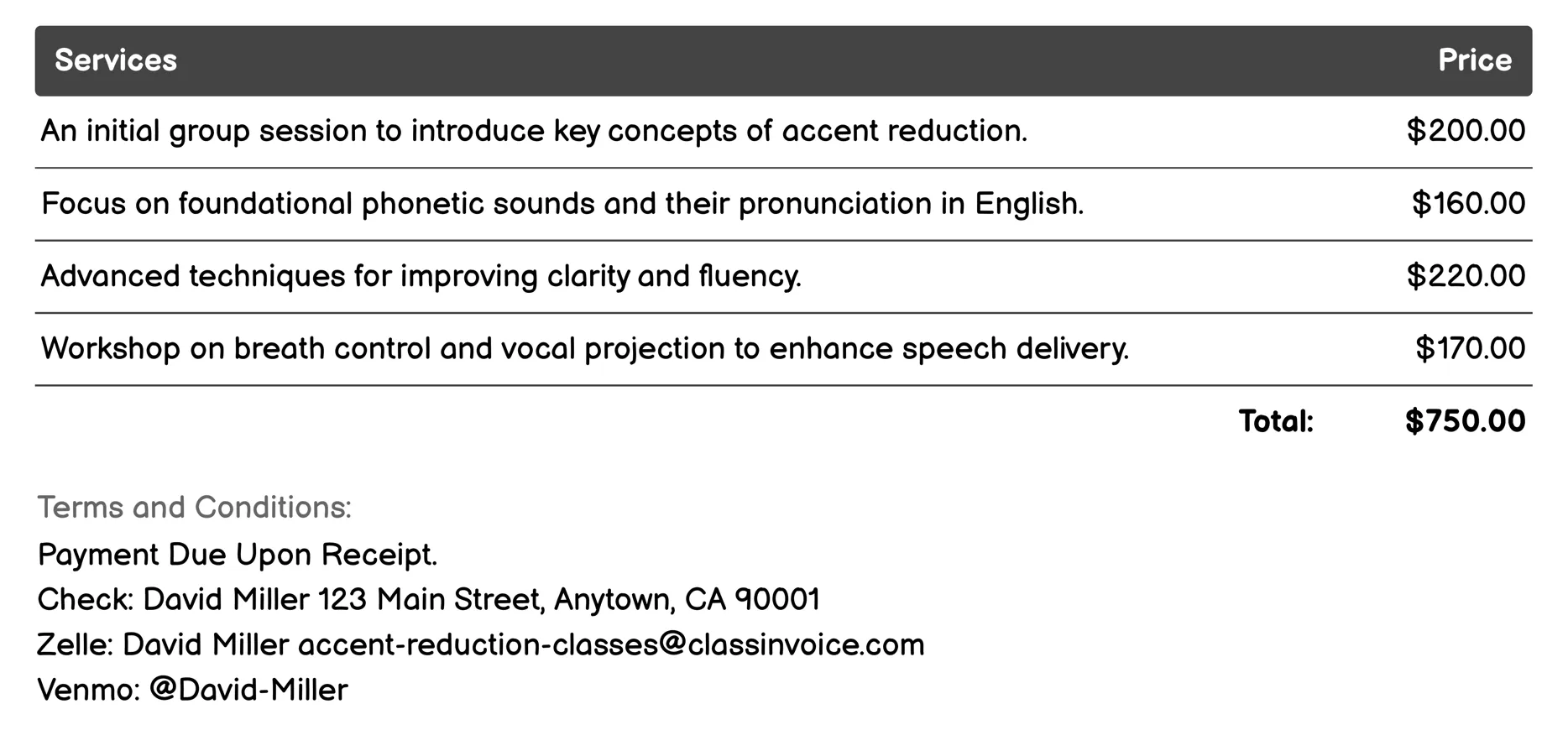 Group Accent Workshops Invoice Example