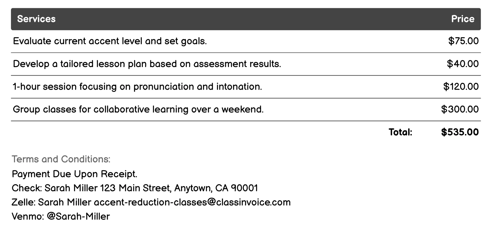 Intensive Accent Reduction Invoice Example