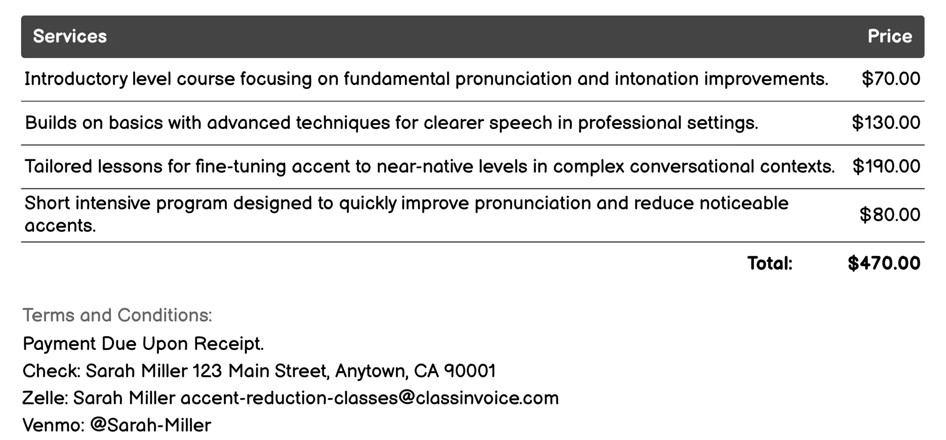 Online Accent Reduction Classes Invoice Example