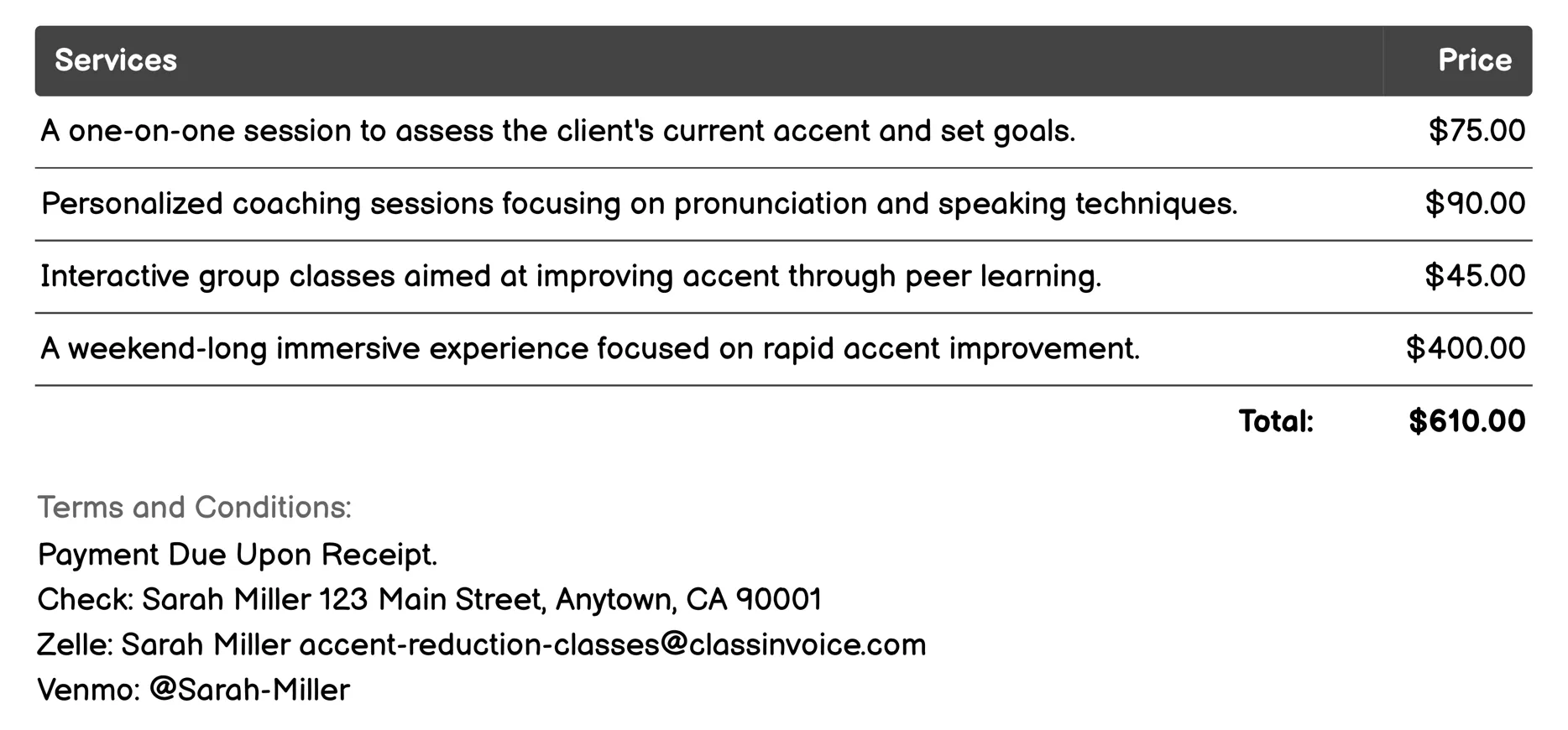 Private Accent Coaching Invoice Example