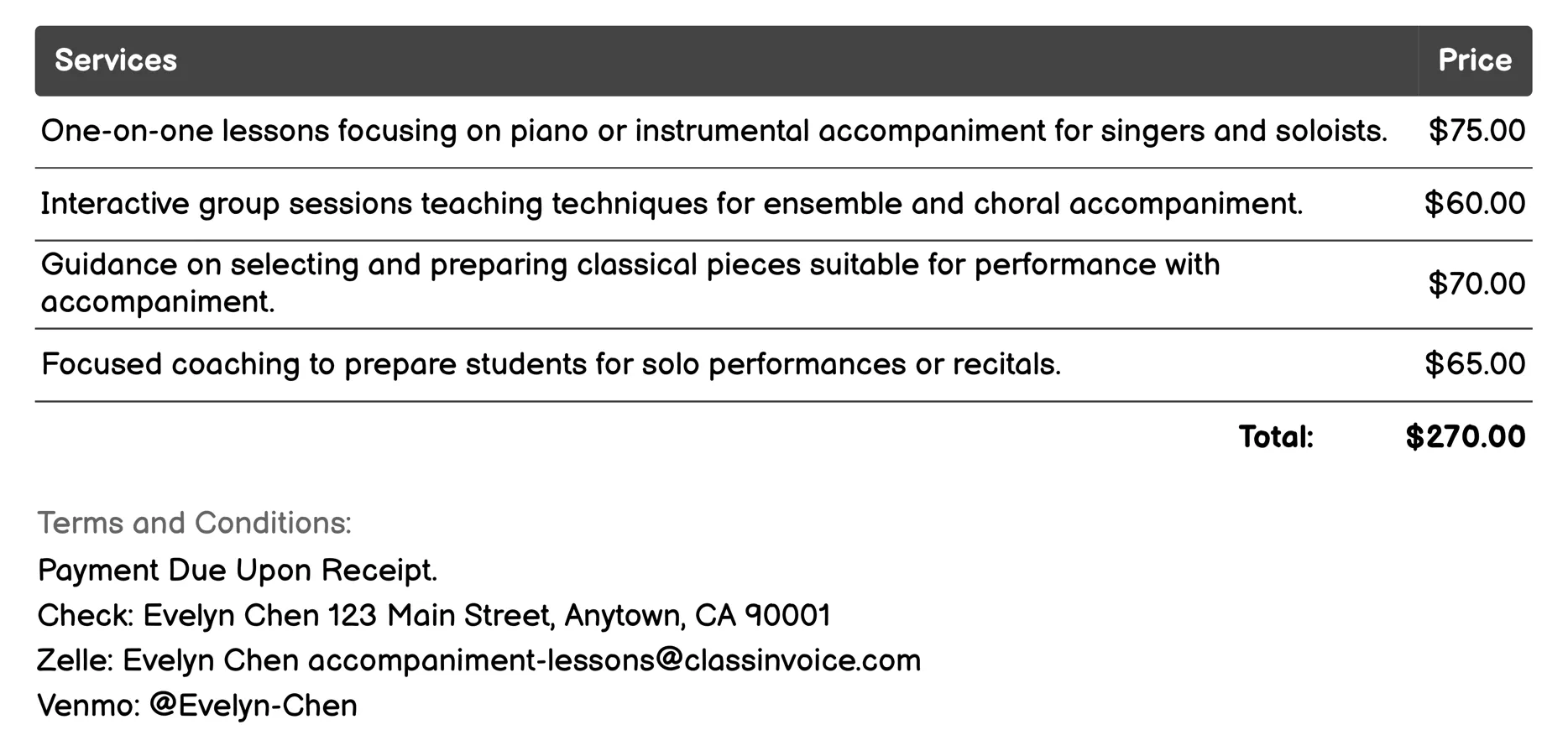Classical Accompaniment Invoice Example