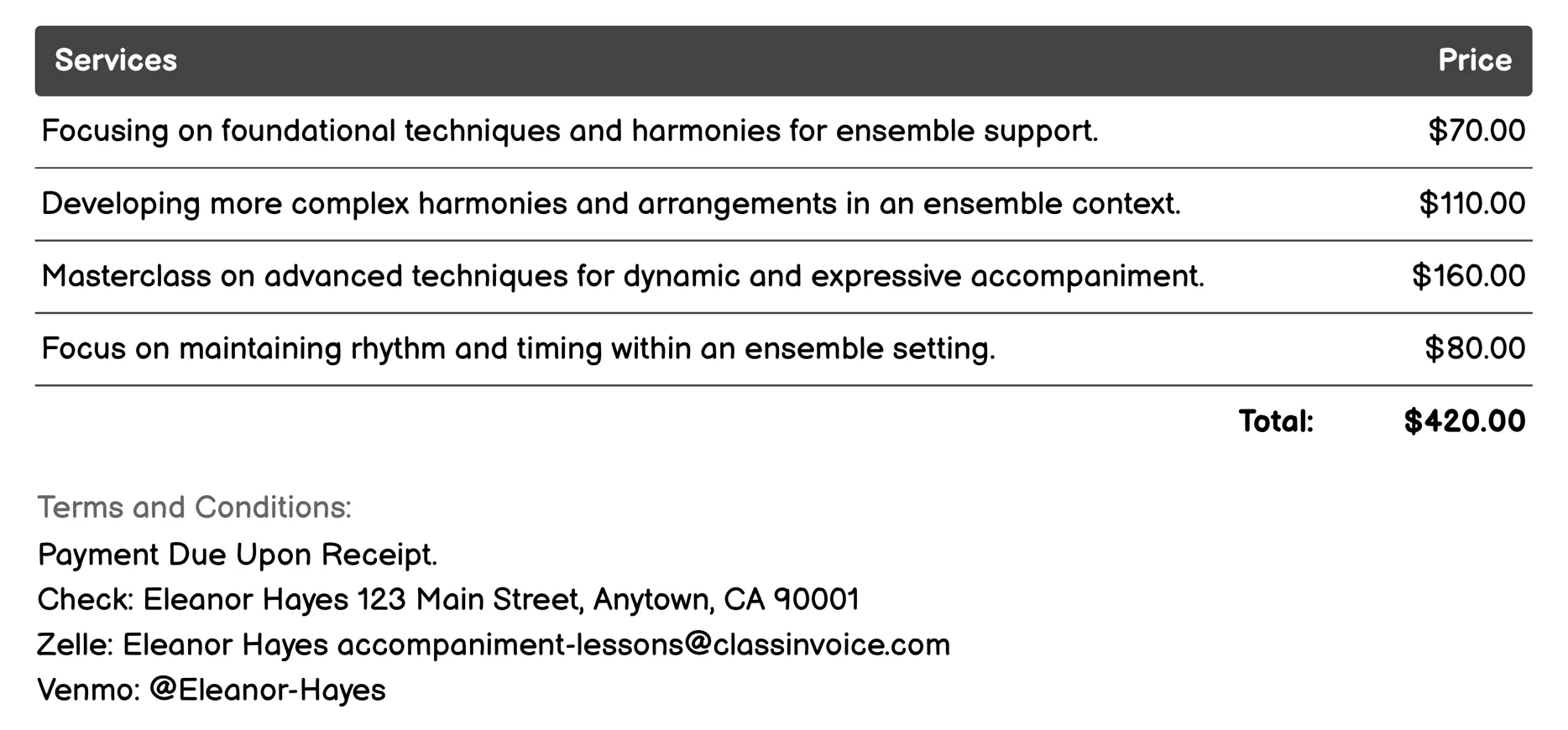 Ensemble Accompaniment Invoice Example