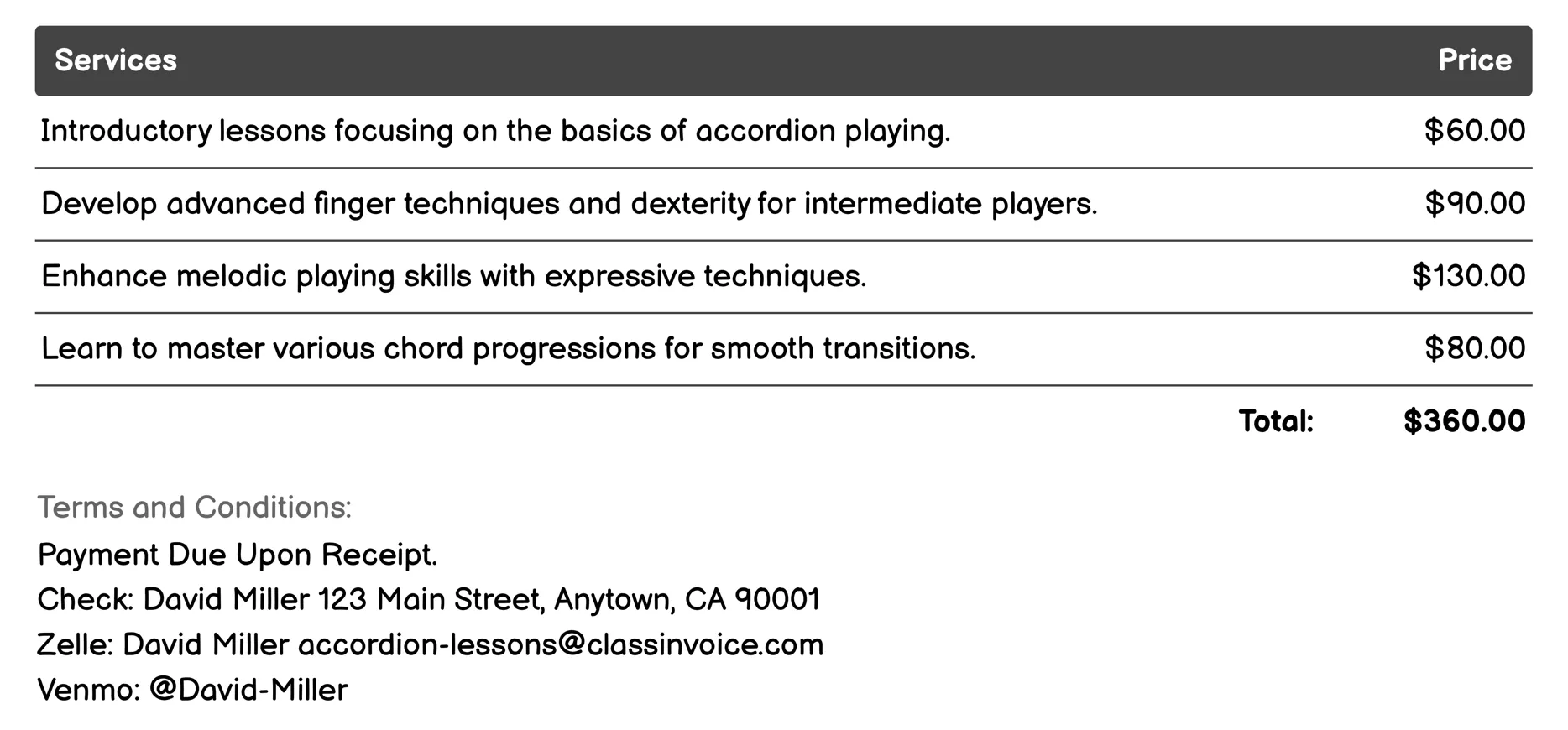 Accordion Technique Workshops Invoice Example