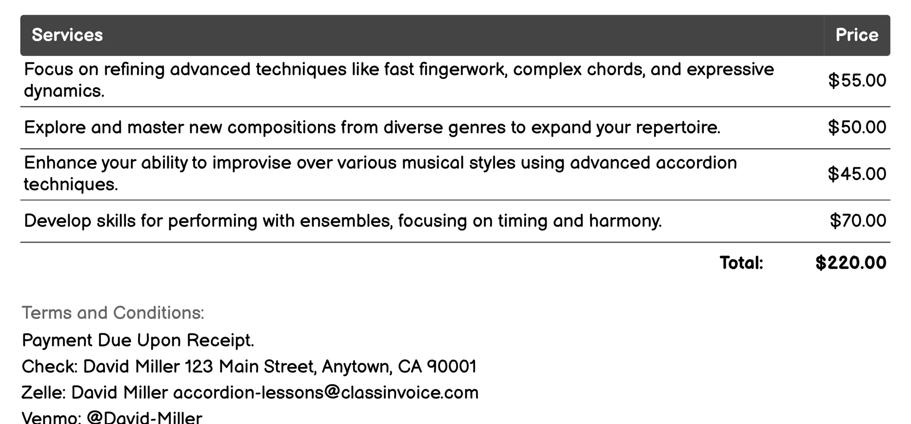 Advanced Accordion Lessons Invoice Example