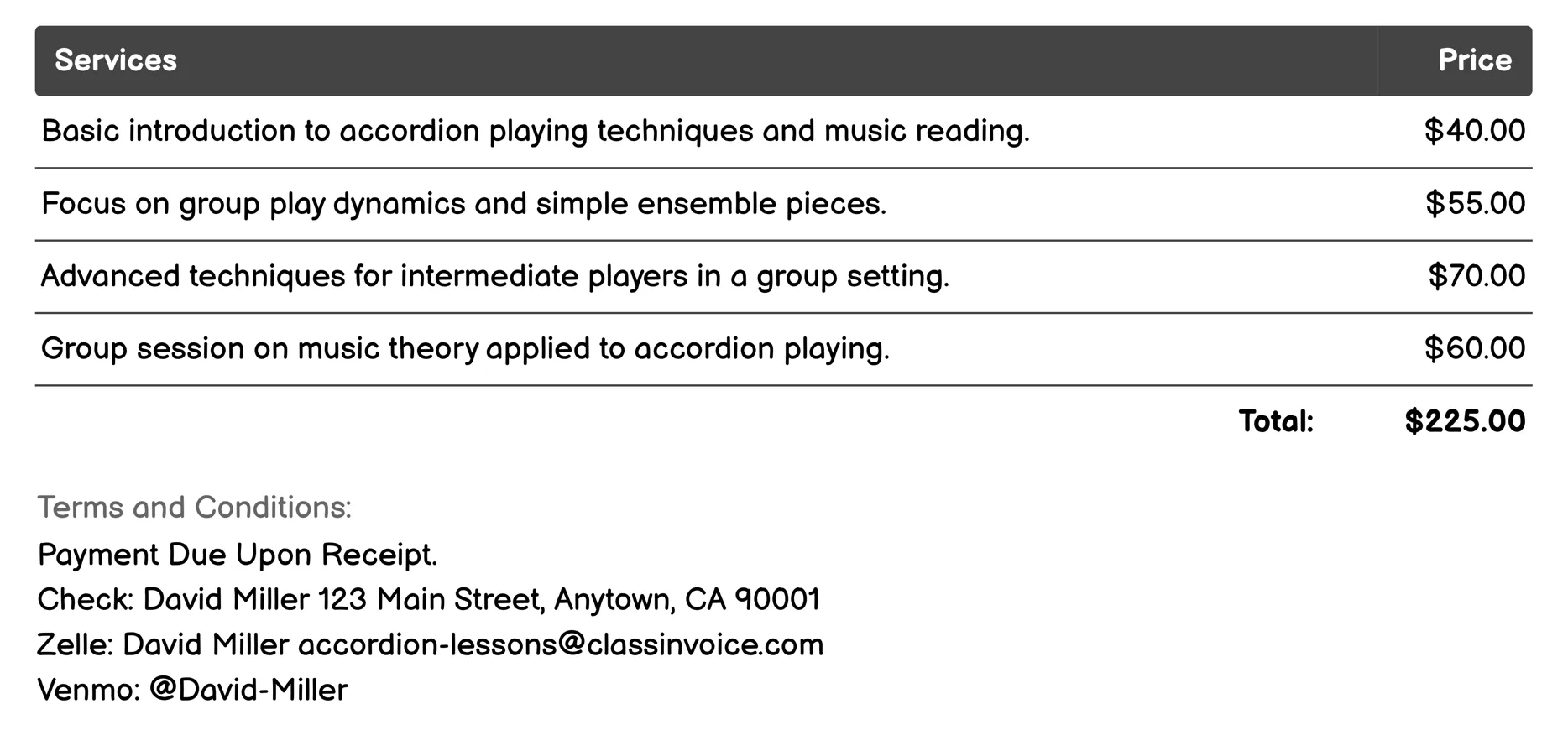 Group Accordion Classes Invoice Example
