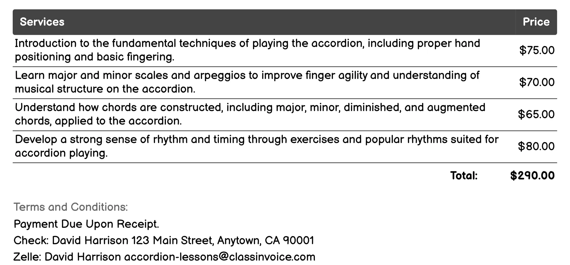 Music Theory with Accordion Invoice Example