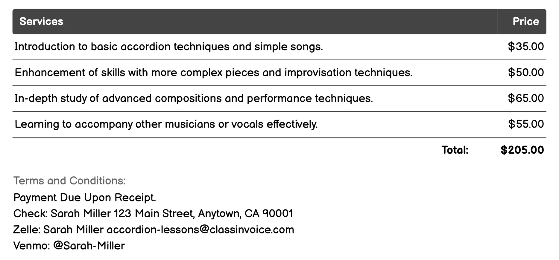 Private Accordion Lessons Invoice Example