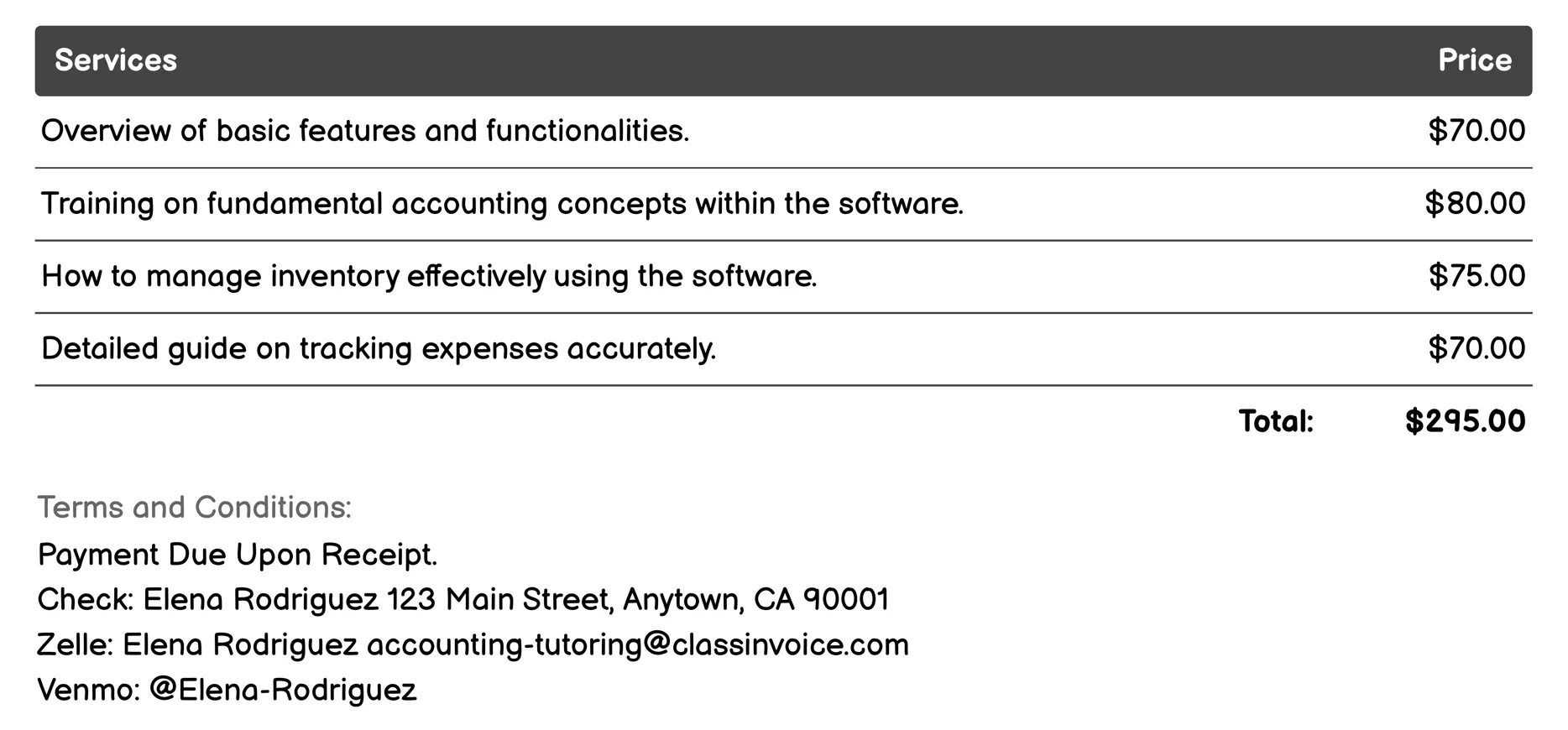 Accounting Software Training Invoice Example