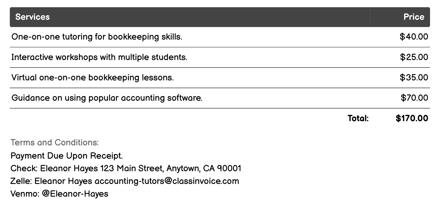 Bookkeeping Tutor Invoice Example