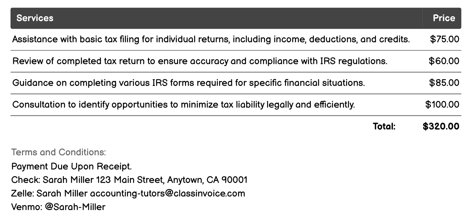 Tax Preparation Tutor Invoice Example