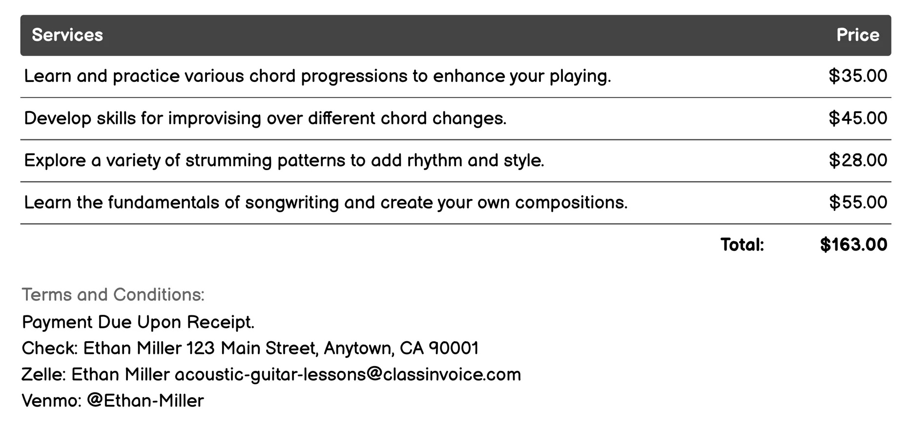 Intermediate Lessons Invoice Example
