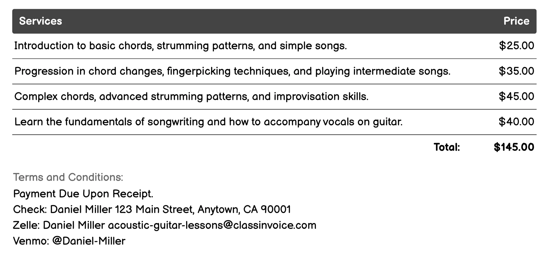 Online Lessons Invoice Example