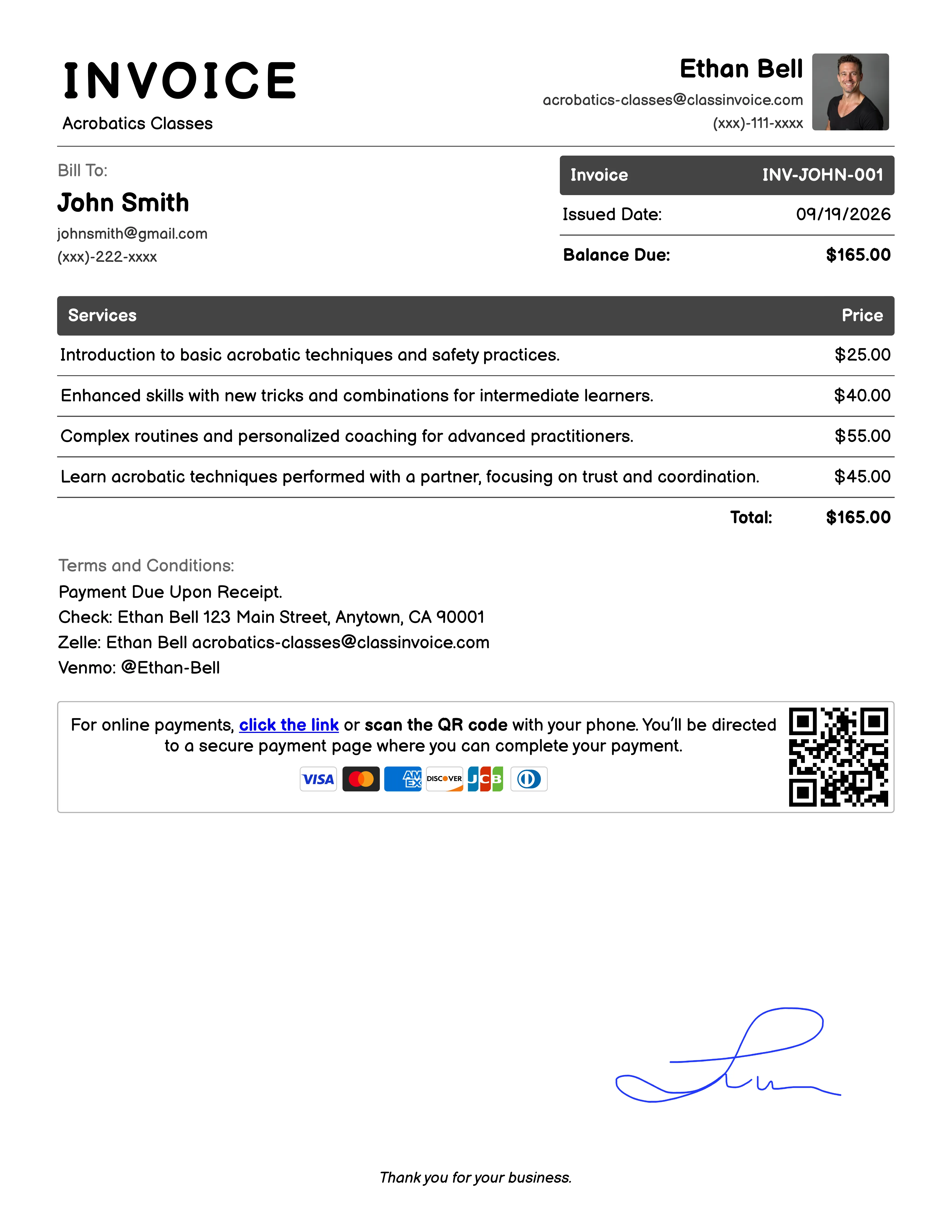 Acrobatics Classes Invoice Exampl