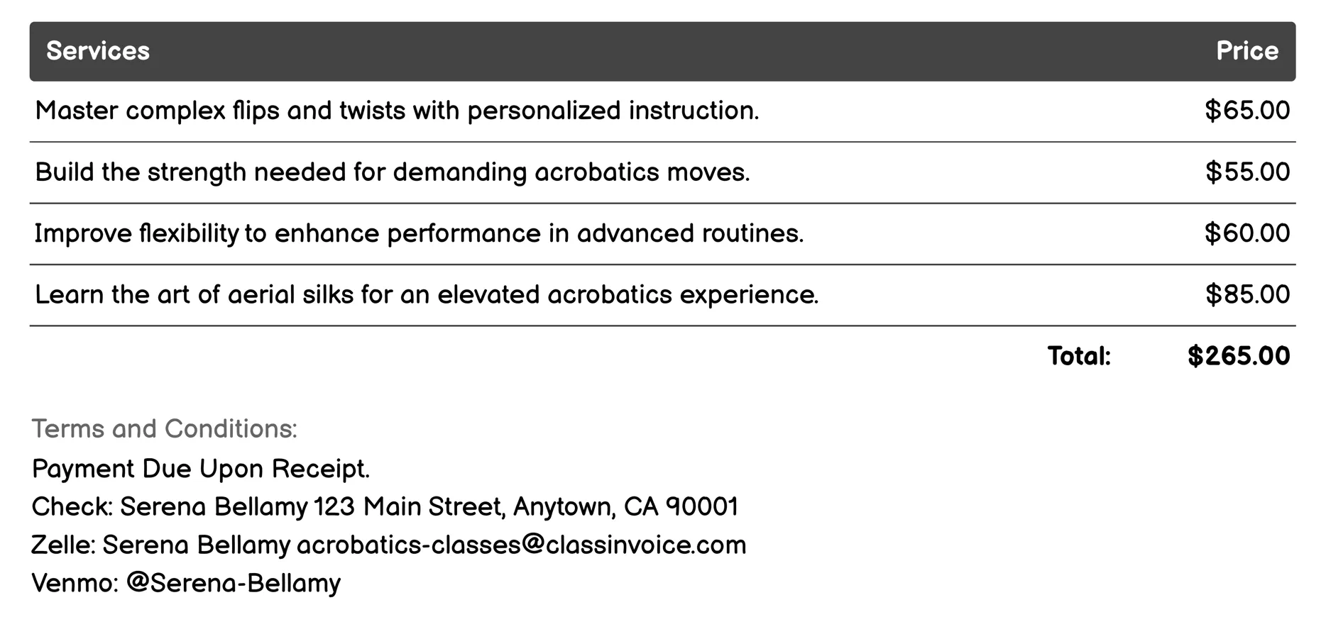 Advanced Acrobatics Invoice Example