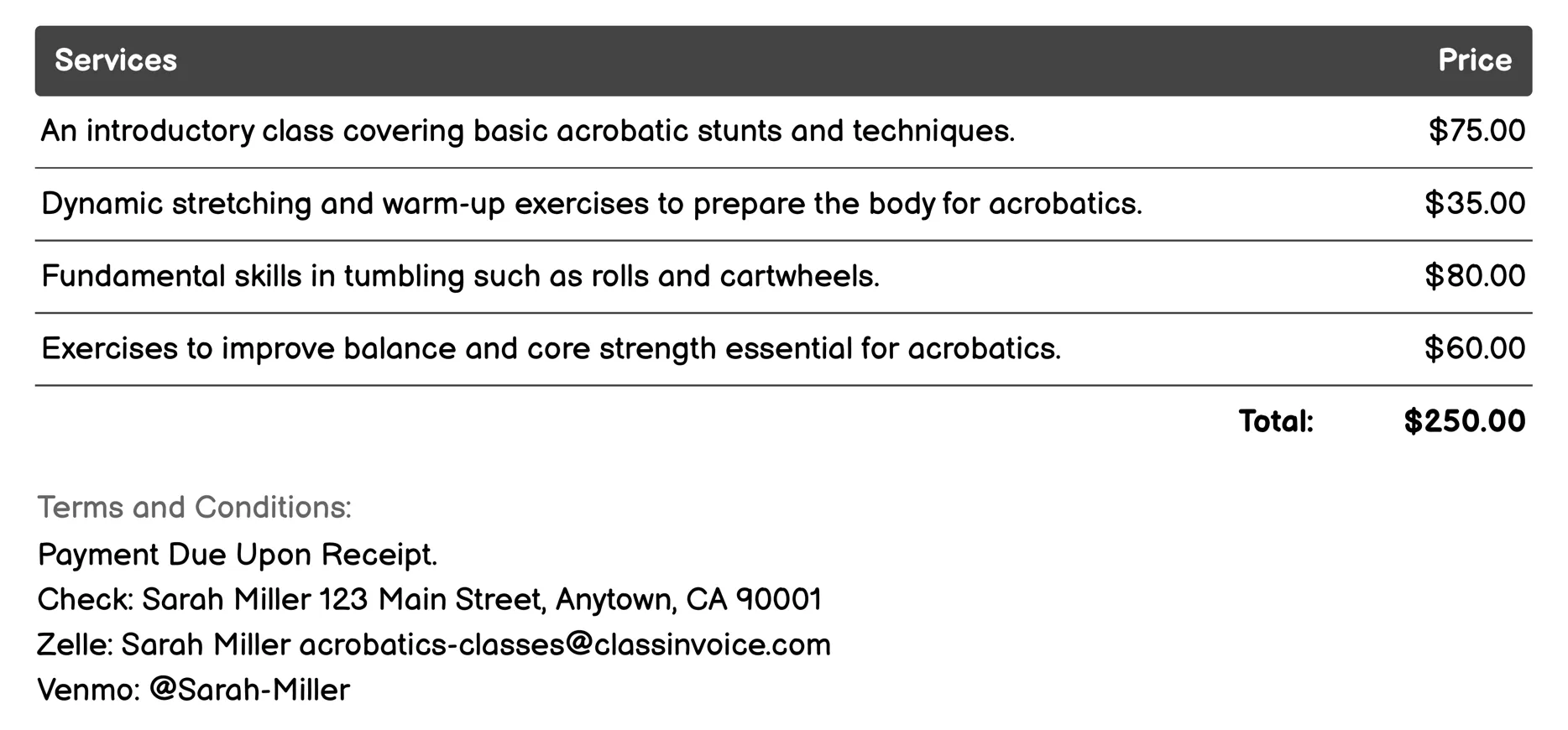 Basic Acrobatics Invoice Example