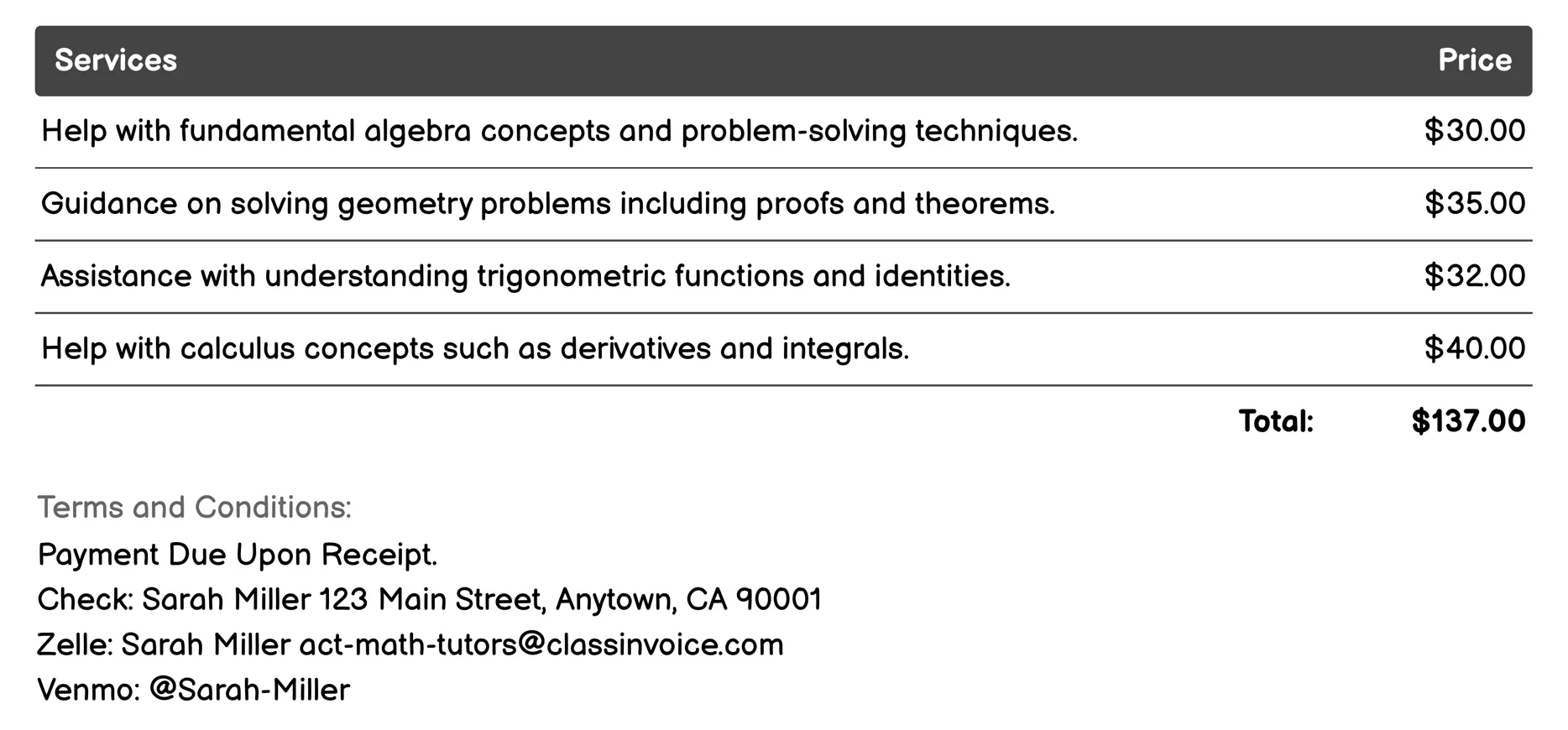 Homework Help Invoice Example