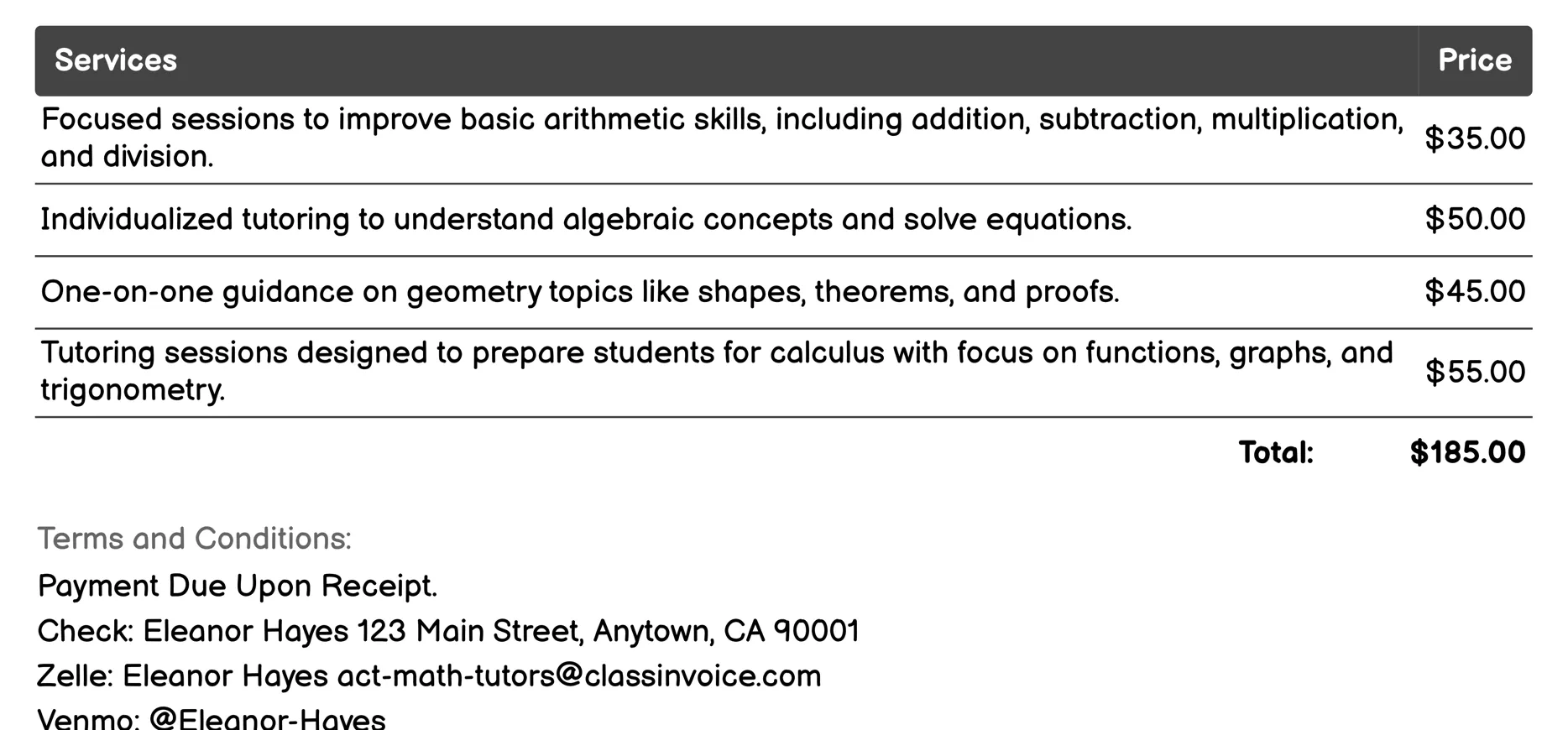 One-on-One Tutoring Invoice Example