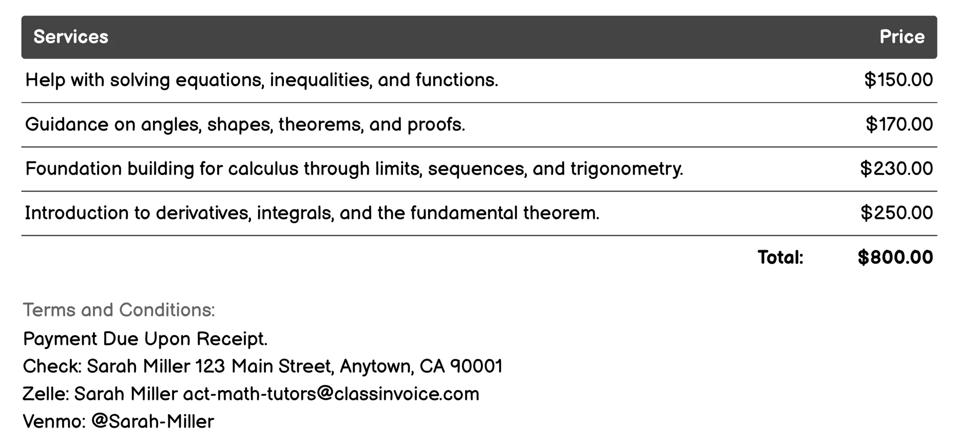Summer School Support Invoice Example