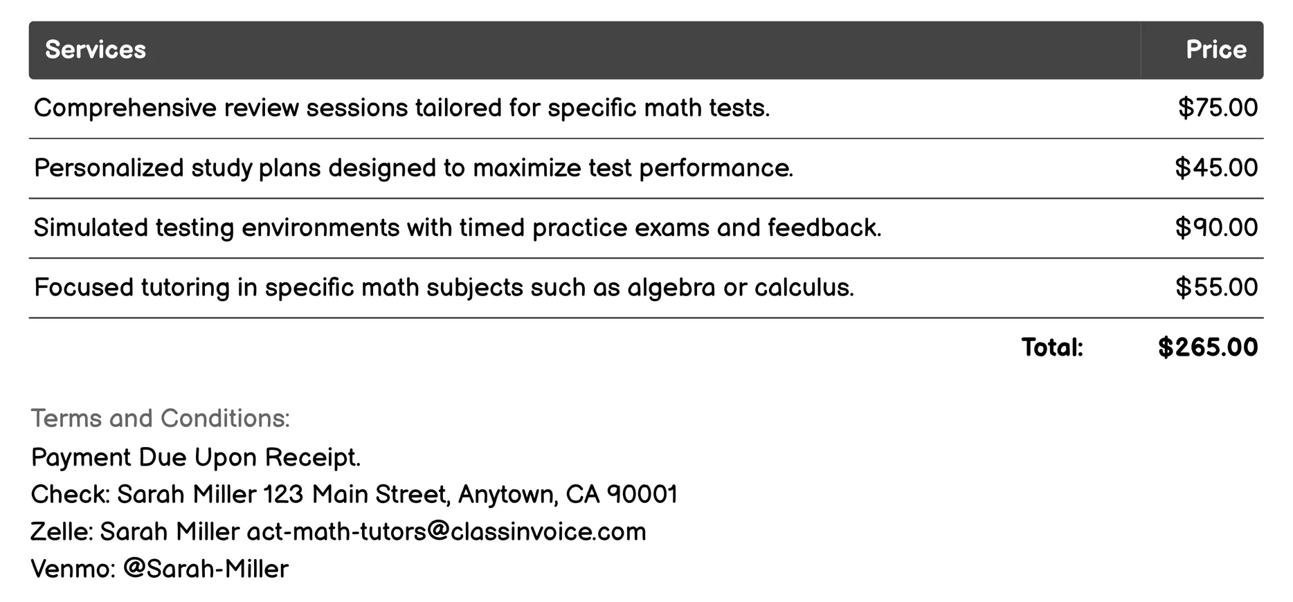 Test Preparation Invoice Example