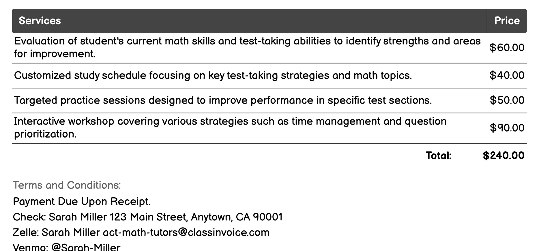 Test-Taking Strategies Invoice Example