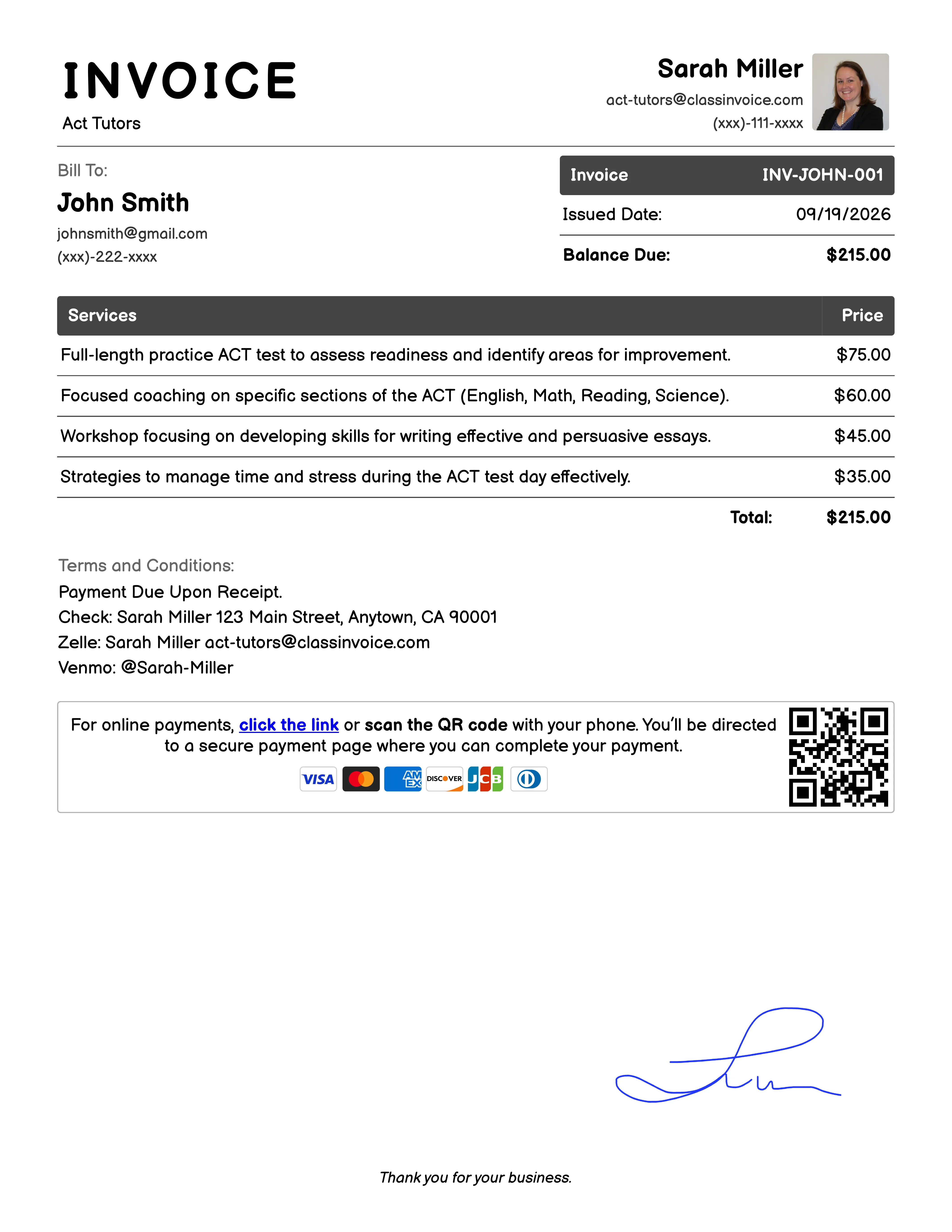 Act Tutors Invoice Exampl