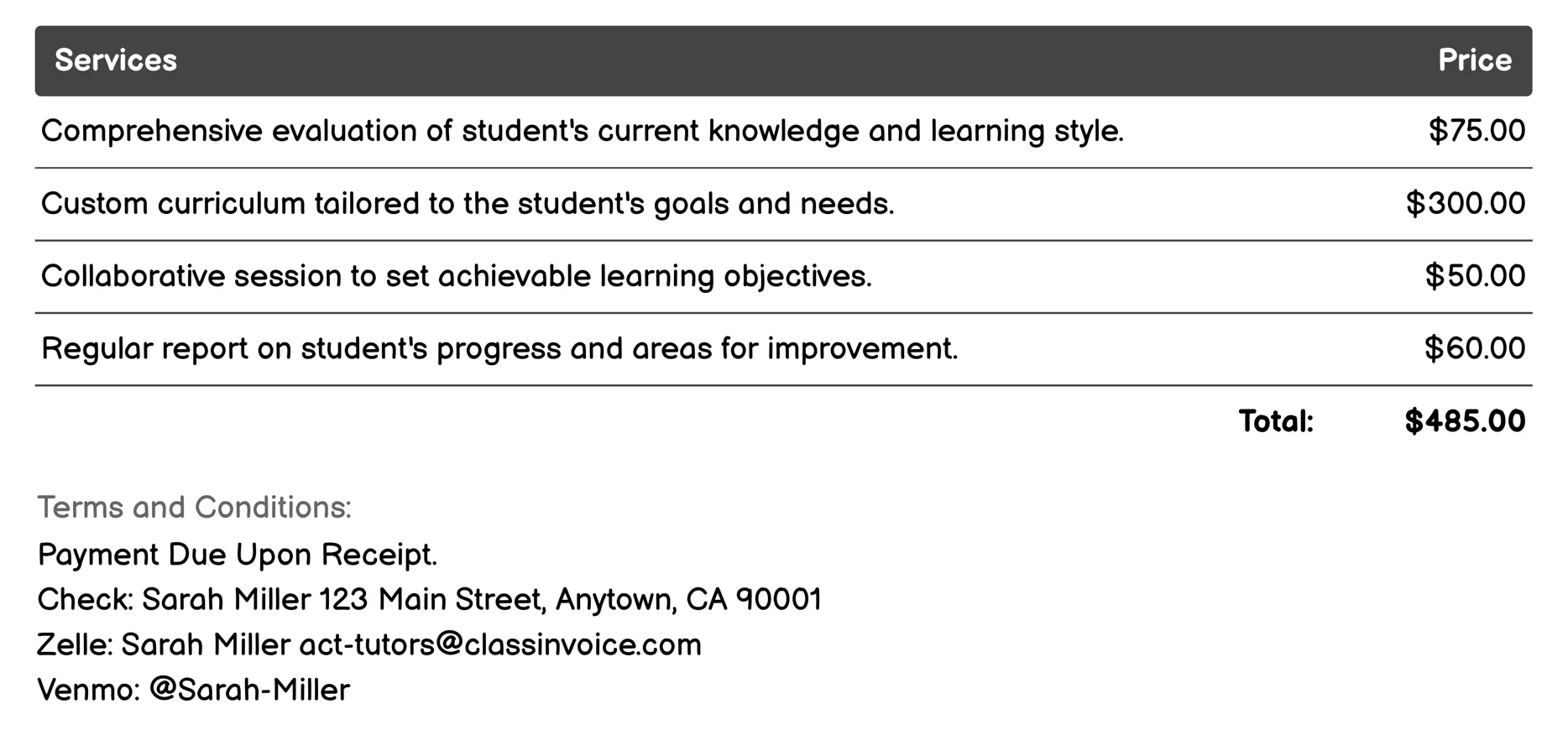 Personalized Learning Plans Invoice Example