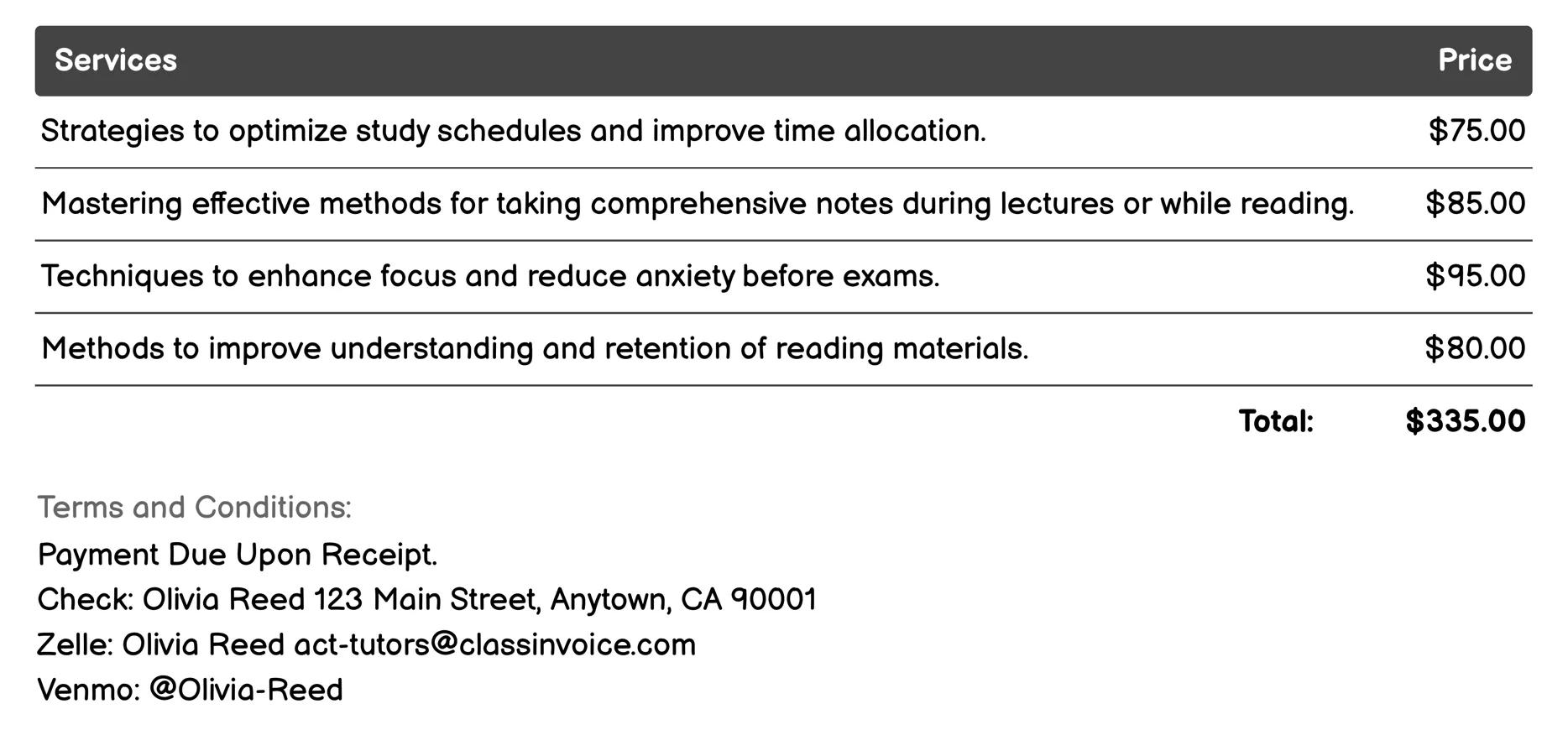 Study Skills Coaching Invoice Example