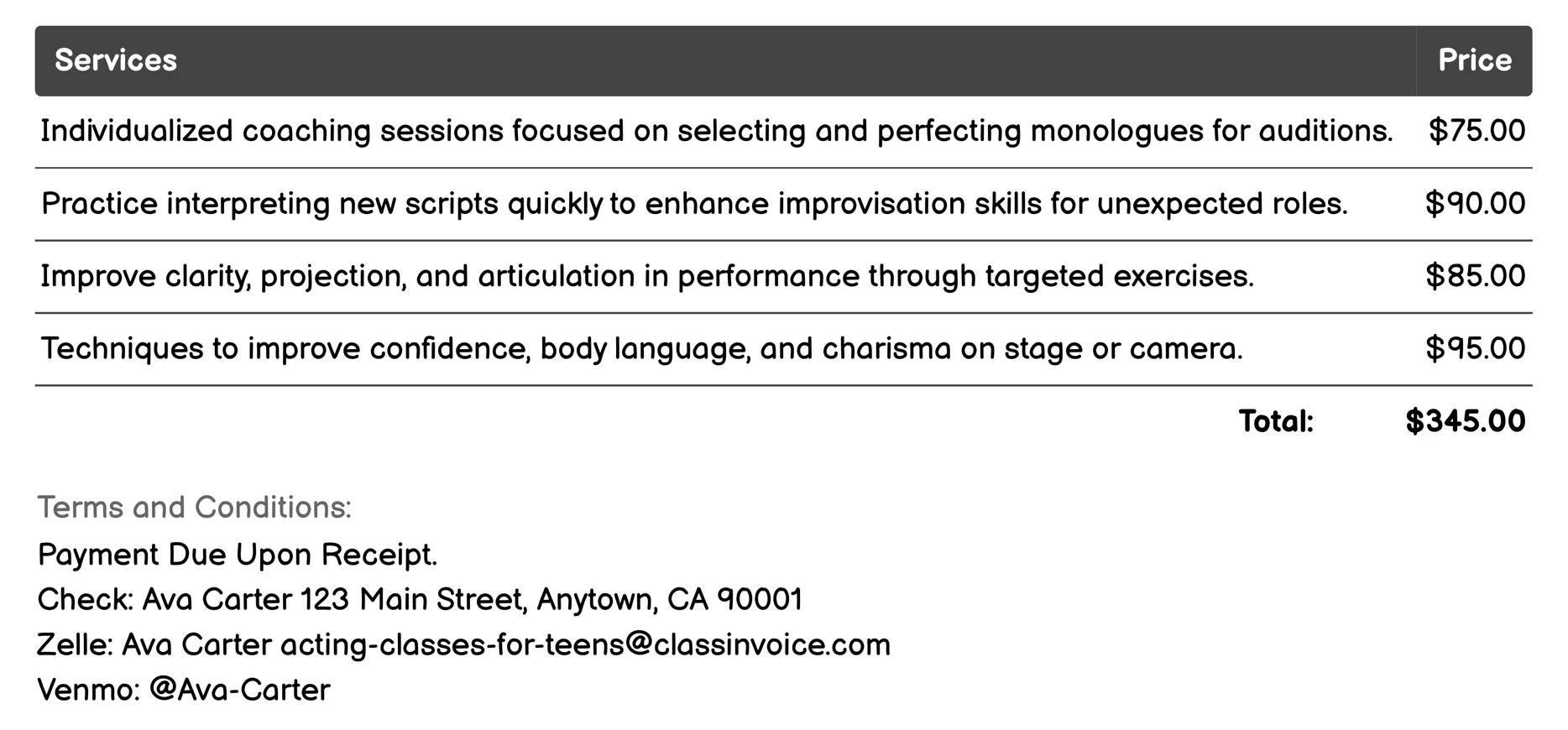 Audition Preparation Classes Invoice Example