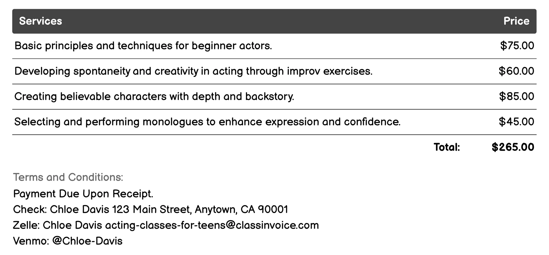 Beginner Acting Workshops Invoice Example