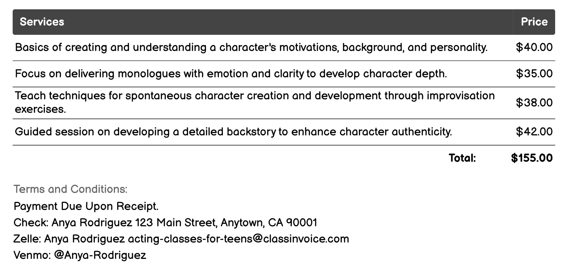 Character Development Sessions Invoice Example