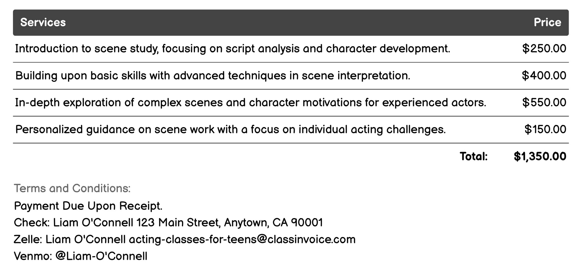 Scene Study Classes Invoice Example