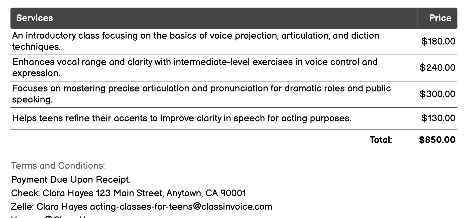 Voice and Diction Classes Invoice Example