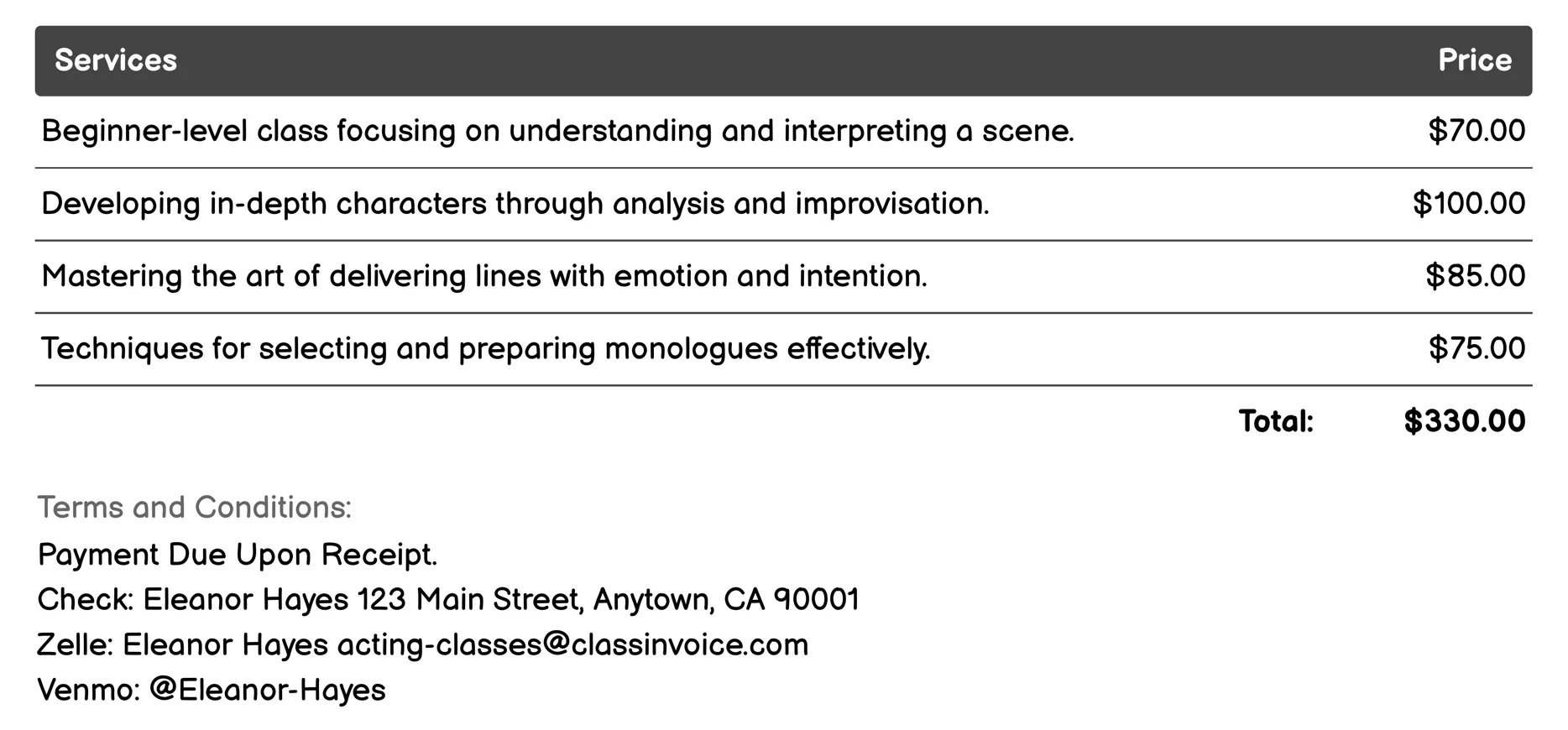 Scene Study Classes Invoice Example