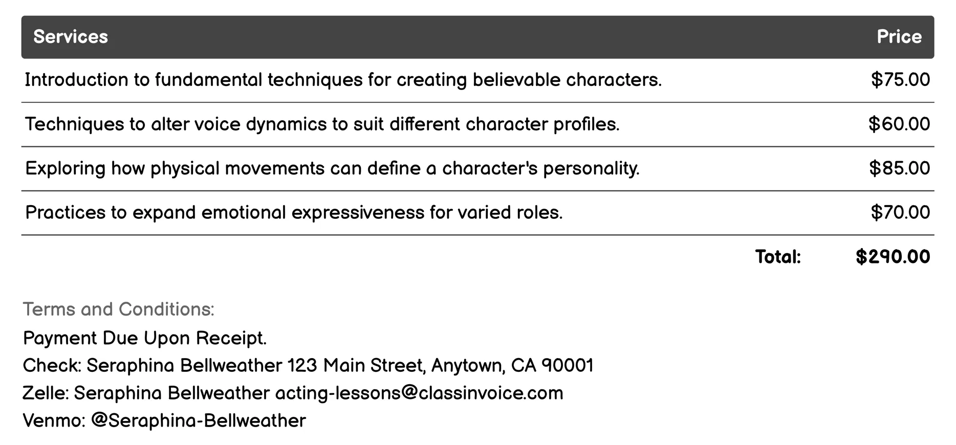 Character Development Workshops Invoice Example