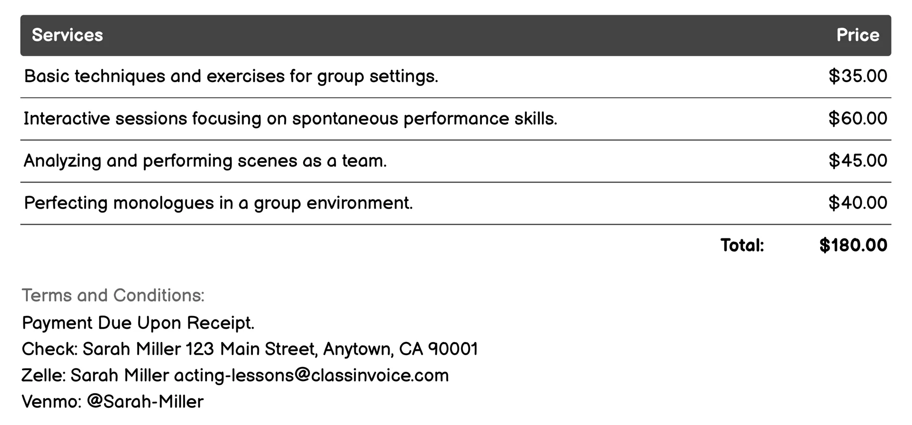 Group Acting Classes Invoice Example