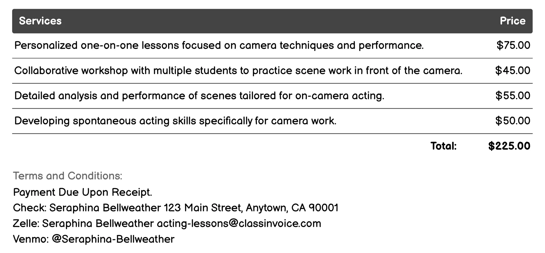 On-Camera Acting Lessons Invoice Example