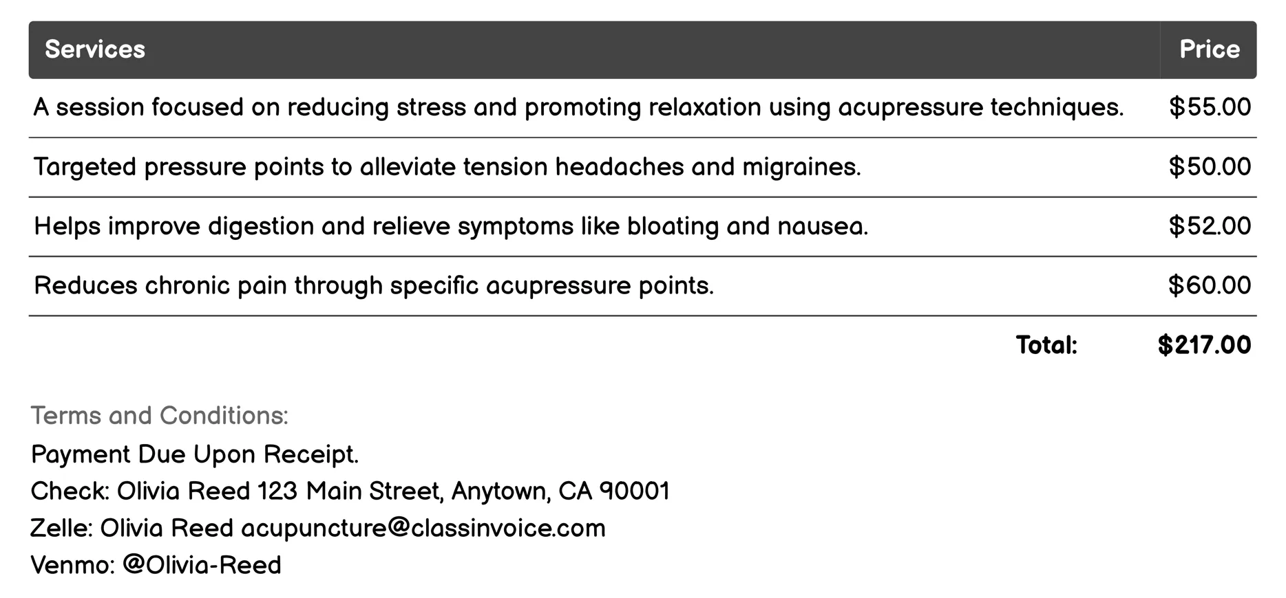 Acupressure Invoice Example